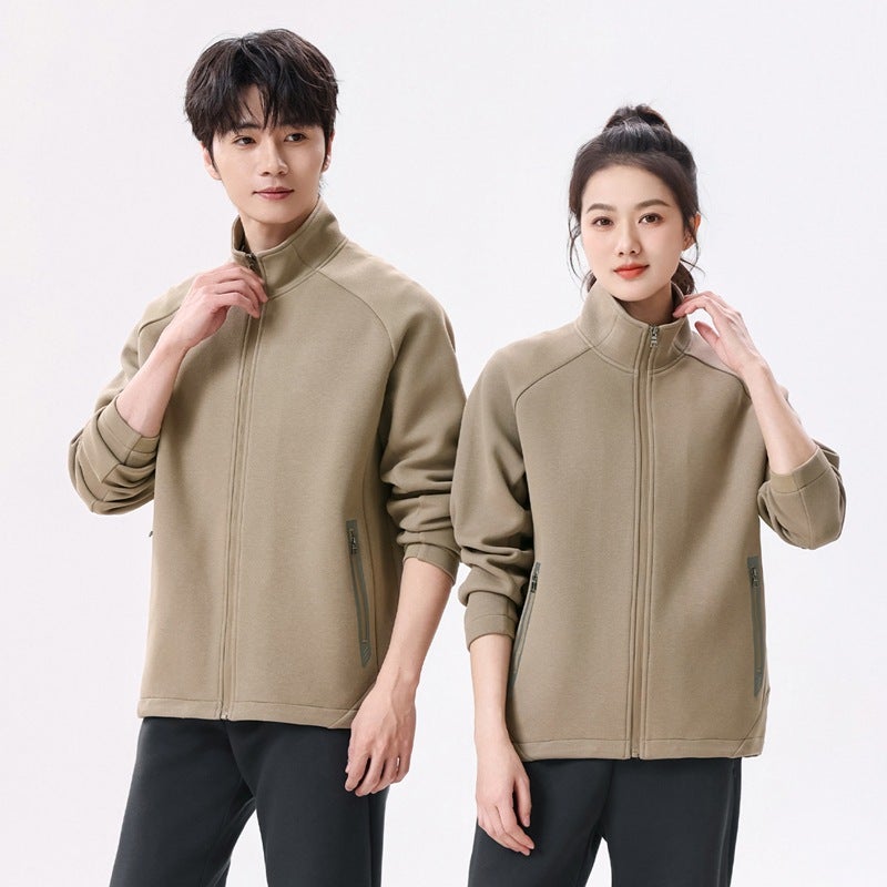 New Men'S And Women'S Vertical Collar Cardigan Solid Color Sweater Couples Loose Plus Size Casual Jacket Customizable Logo - Image 2